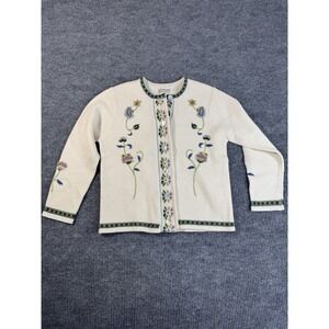 Coldwater Creek Ivory Floral Embroidered Knit Cardigan Sweater 100% Wool L Women